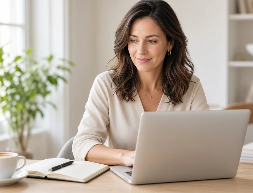 Woman at a laptop filling out a discovery form