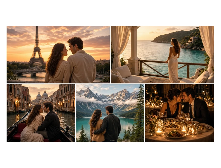 Five-photo collage of romantic travel destinations