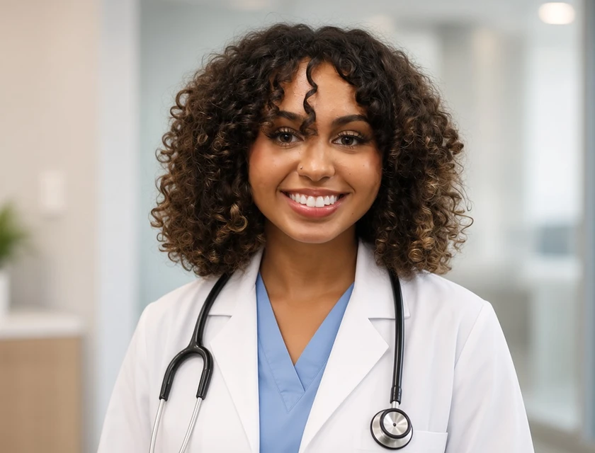 Young woman with curly hair in a white lab coat and stethoscope