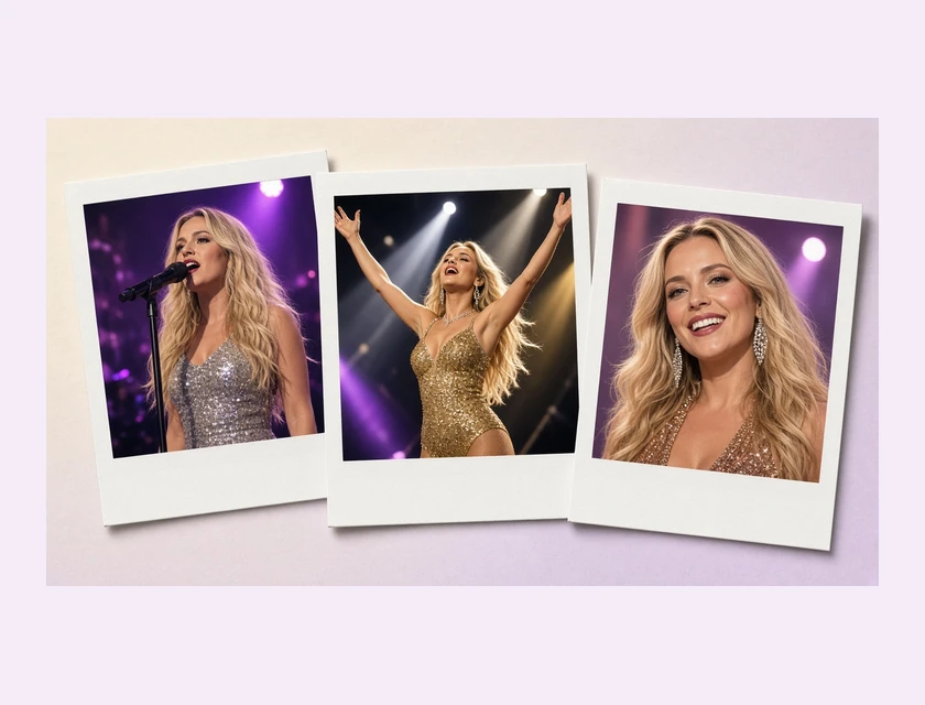 Three polaroid photos of a blonde performer in glittery stage outfits