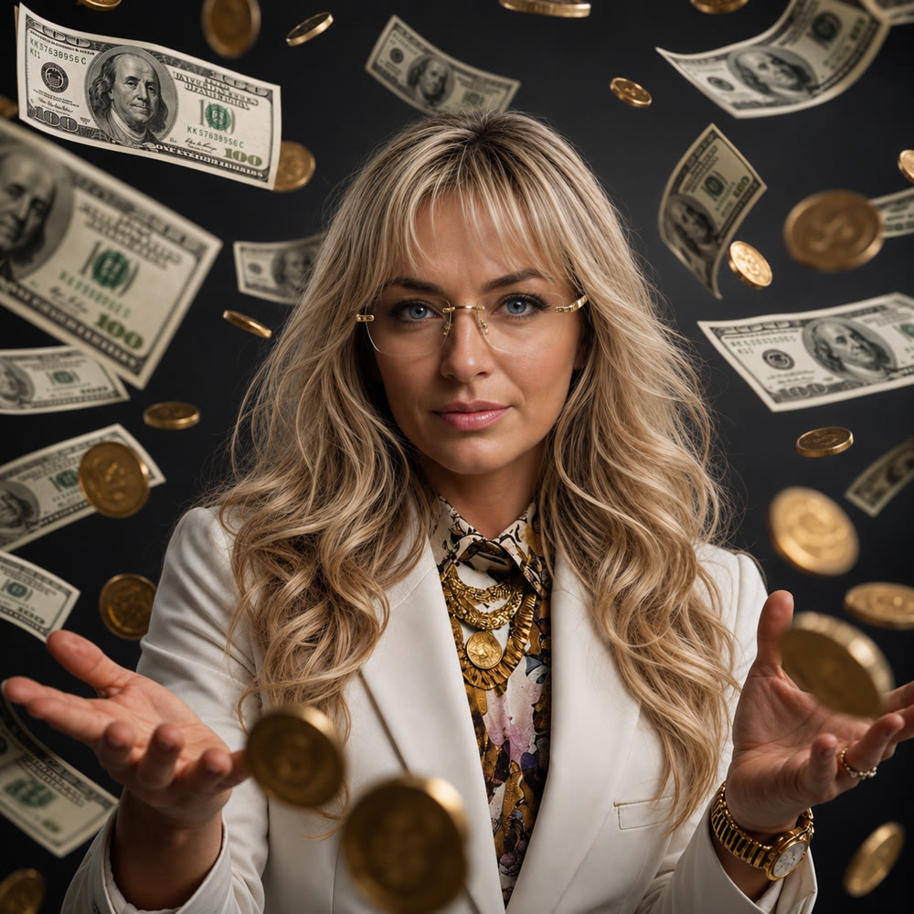 Woman in white blazer surrounded by falling money and gold coins