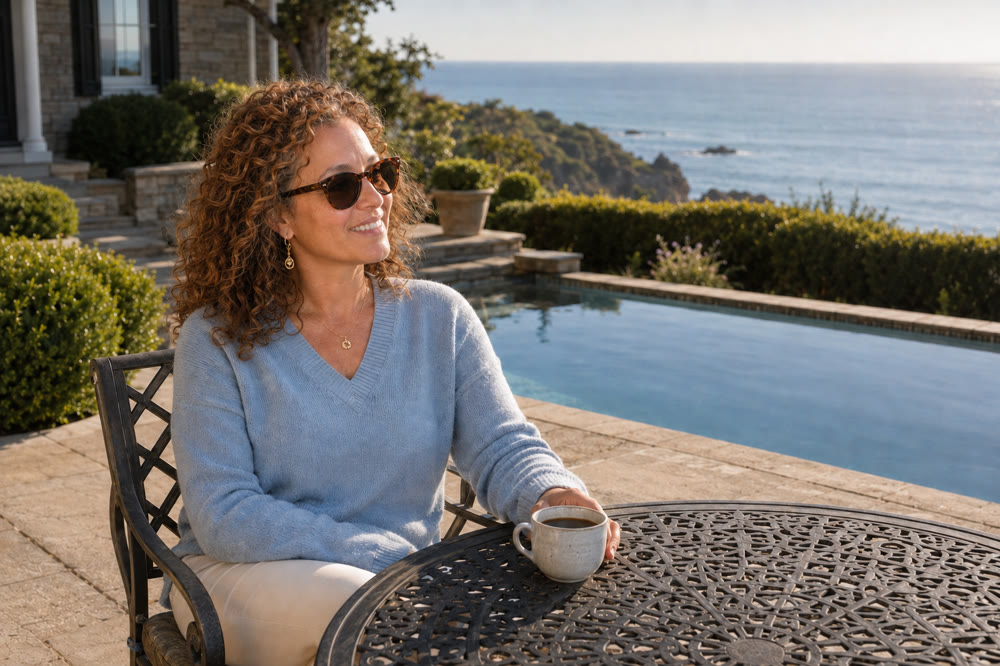 Woman relaxing with coffee at her dream coastal home overlooking pool and ocean