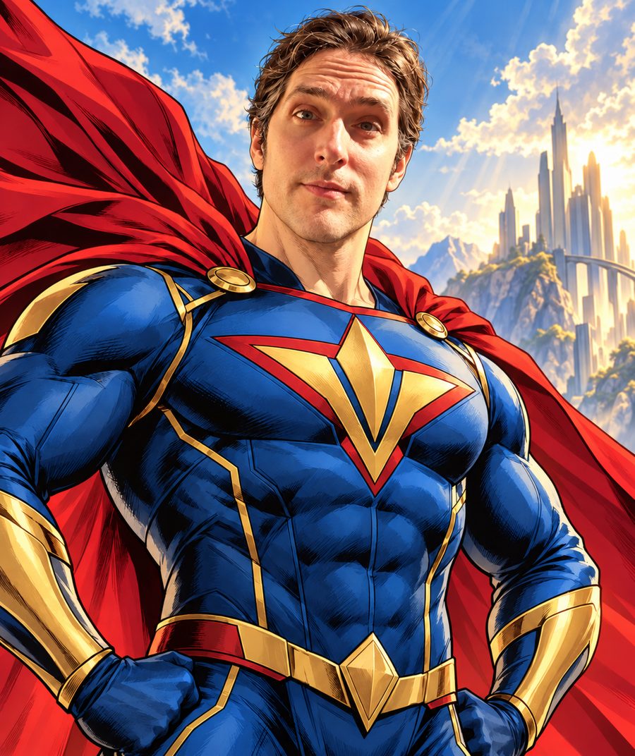Man as a comic-book superhero in a blue suit with red cape, gold emblem, and futuristic city skyline behind him