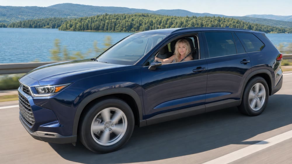 Smiling woman driving her dream navy SUV along a scenic lakeside road