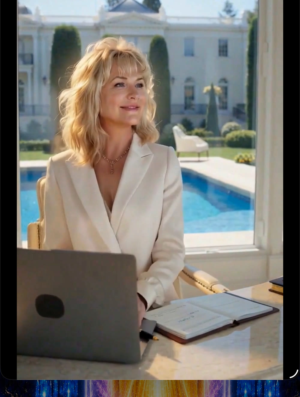 Professional woman at a desk with a luxury estate and pool behind her