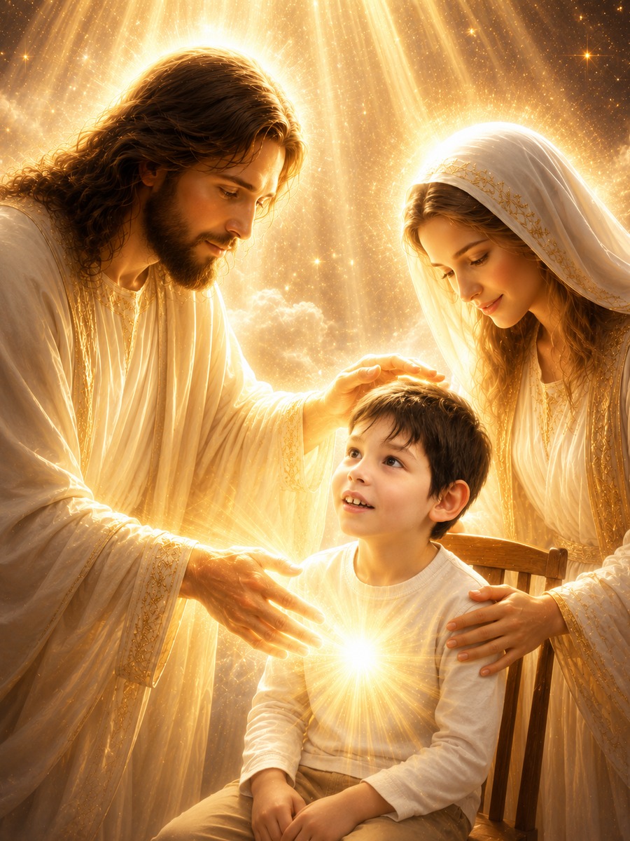 Divine figures surrounding a child with radiant healing light at the heart