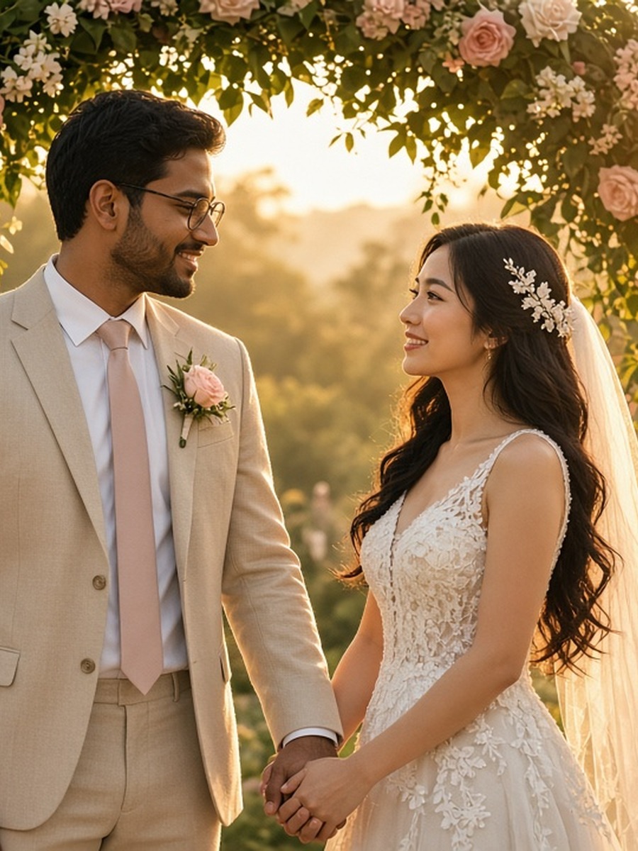 Latino groom and Asian bride holding hands under a pink rose floral arch at golden hour