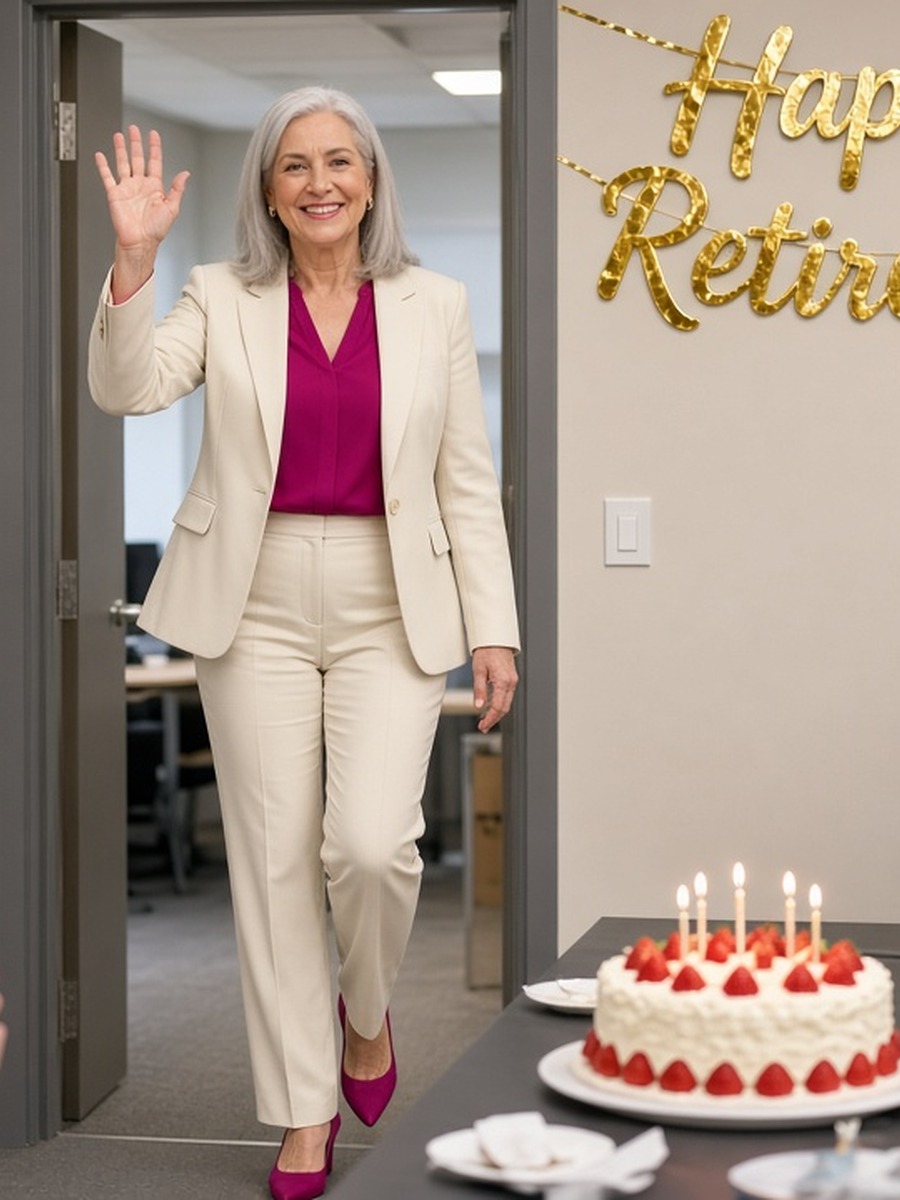 Older woman with sleek silver shoulder-length hair in a cream suit waving at her Happy Retirement celebration