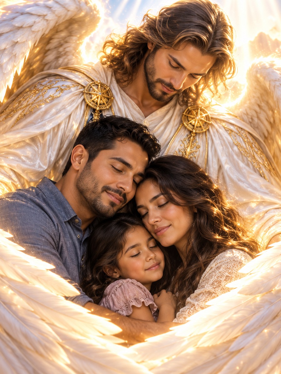 Guardian angel with luminous white wings embracing a peaceful family