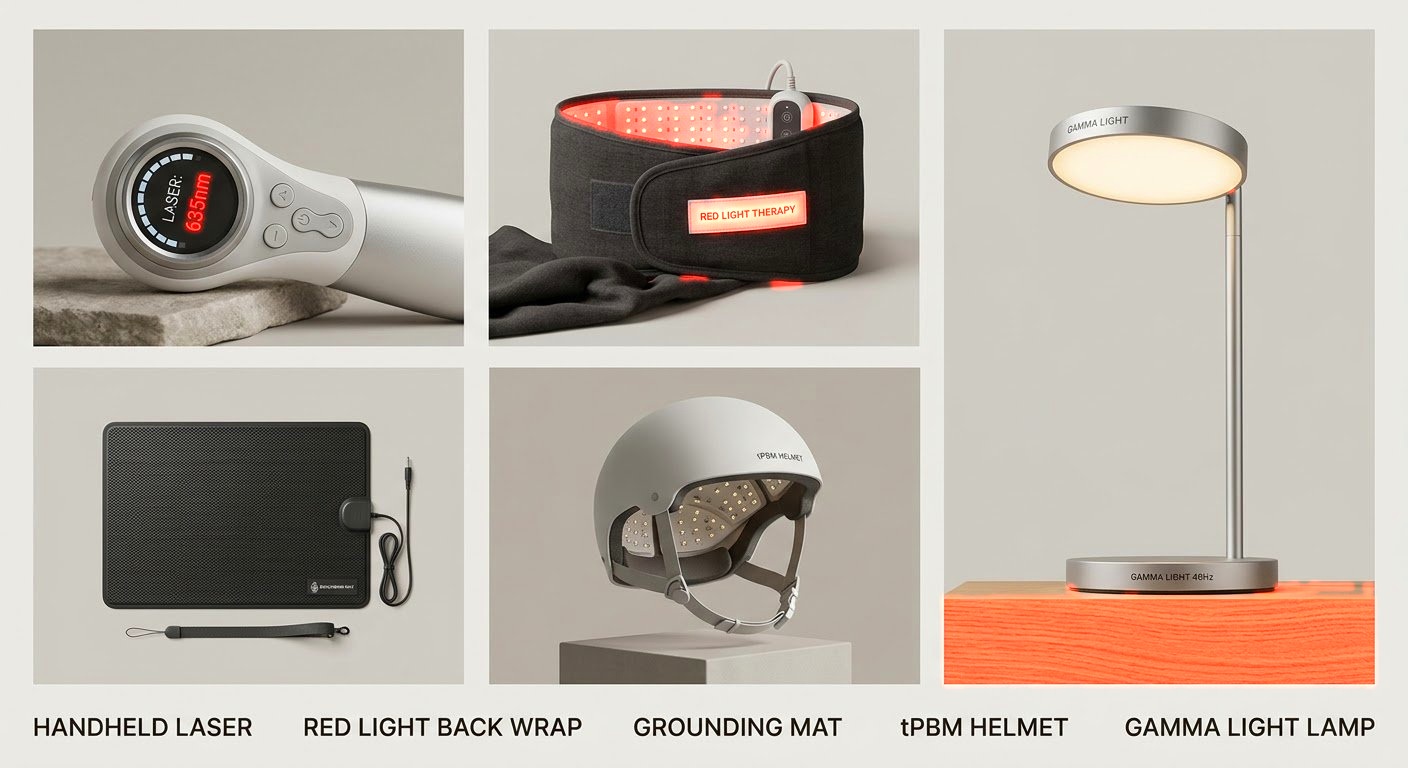 Collection of five frequency tools: handheld laser, red light back wrap, grounding mat, tPBM helmet, and gamma light lamp